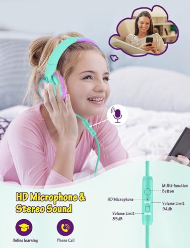 Voopwink Kids Headphones with Microphone, Wired Over Ear Headsets with Limited Volume 85dB/ 94dB for Boys Girls Teens Children Online School/Travel/iPad/Tablet/Cellphone - color: Light Green, size: Plug 3.5mm