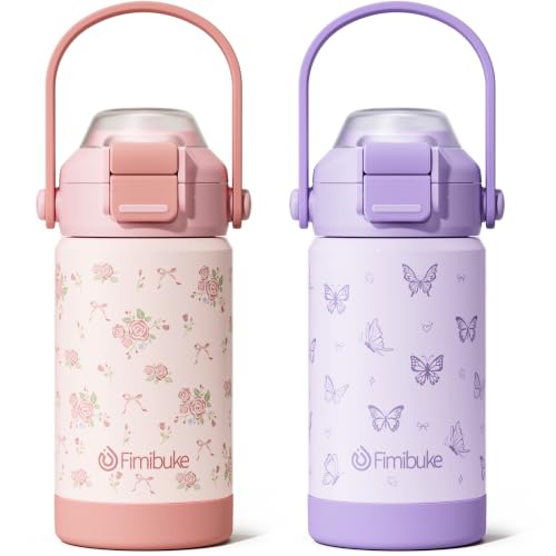 Fimibuke 14oz Kids Insulated Water Bottle with 2-in-1 Straw & Spout Lid | Leak Proof 18/8 Stainless Steel Vacuum Tumbler with Pop-Open Lid, BPA-Free Kids Cup for Travel School Girl Boy Toddler 2 Pack - color: Rose & Butterfly, size: 14 Ounces