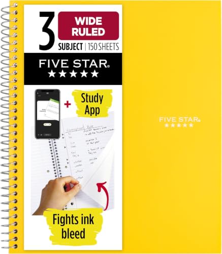 Five Star Spiral Notebook + Study App, 3 Subject, Wide Ruled Paper, 8" x 10-1/2", 150 Sheets, Fights Ink Bleed, Water Resistant Cover, Harvest Yellow (73463) (Pack of 6) - color: 09 Yellow, size: 8" x 10-1/2" (Pack of 6)
