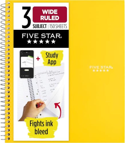 Five Star Spiral Notebook + Study App, 3 Subject, Wide Ruled Paper, 8" x 10-1/2", 150 Sheets, Fights Ink Bleed, Water Resistant Cover, Harvest Yellow (73463) (Pack of 6) - color: 09 Yellow, size: 8" x 10-1/2" (Pack of 6)
