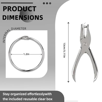 NEEWAY 50pcs Loose Leaf Binder Rings 1 1/5 Inch, Book Rings with Single Hole Puncher, Metal Ring for Index Cards, Metal Paper Ring