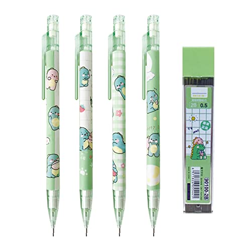 MOZXIRZ 4 Pcs Cute Mechanical Pencils with Eraser 0.5mm Cartoon Dinosaur Mechanical Pencil School Pencil for Women (4pcs Dinosaur + Refill) - color: 4pcs Dinosaur + Refill