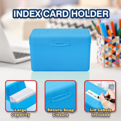 H4D 3x5 Index Card Holder with 100 Index Cards and 25 Dividers, Blue | 3x5 Inch Plastic Box, Heavyweight 3x5 Index Cards, Plastic 3x5 Index Card Dividers, Snap Closure Lid - color: Blue, size: 3"x5"