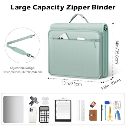MoKo Zipper Binder, 2-Inch 3 Ring Binder with Multi-Pocket, 500 Sheet Capacity 5 Tab Expanding File Folder, Zipper Bag for School Office, Handle & Shoulder Strap - Green - color: Green