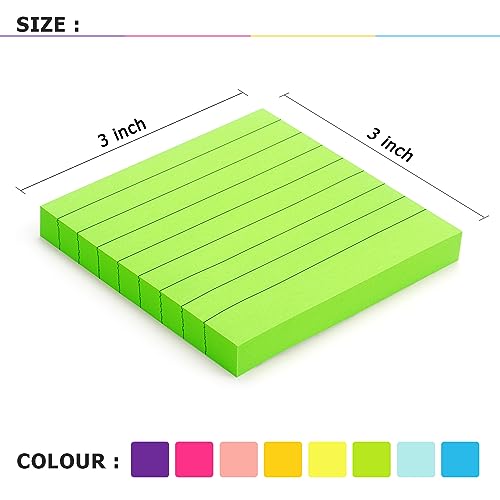 Eastern Wolf Lined Sticky Notes 3x3in, 8 Pads, Bright Colors, 85 Sheets/Pad | Self-Stick & Removable, Office/School/Home Use - color: 3x3 8 Pads