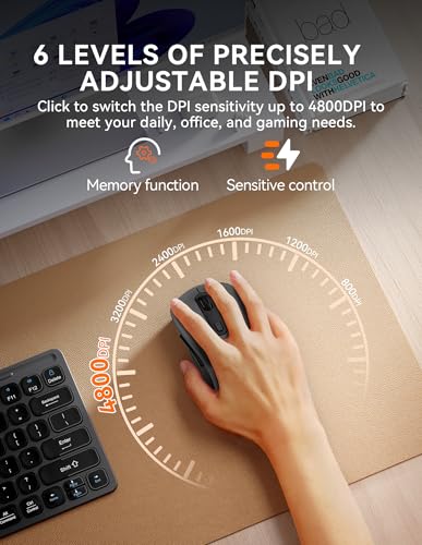 TECKNET Bluetooth Mouse, [ USB + BT1 + BT2 ] Wireless Mouse for Laptop, Silent Click, Ergonomic Design, 4800 DPI Computer Mice Wireless, Dual Mode for Laptop, Computer, iPad, MacBook - color: Light Grey
