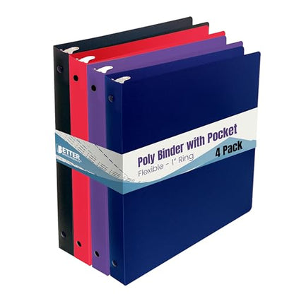Better Office Products Flexible 3 Ring Poly Binder with Pocket, 1 Inch, Letter Size, 4 Pack-Red, Blue, Purple, and Black