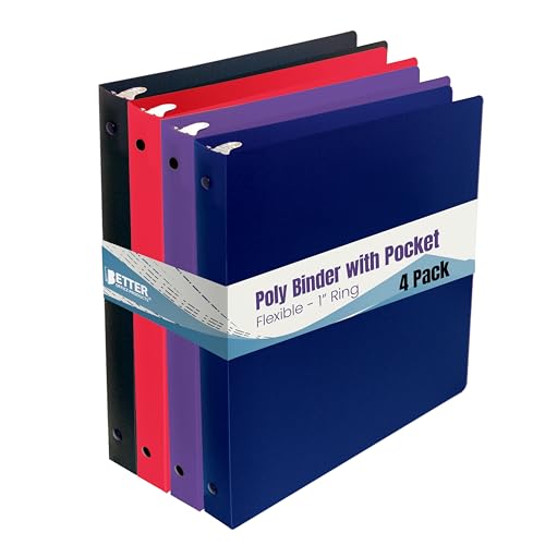 Better Office Products Flexible 3 Ring Poly Binder with Pocket, 1 Inch, Letter Size, 4 Pack-Red, Blue, Purple, and Black