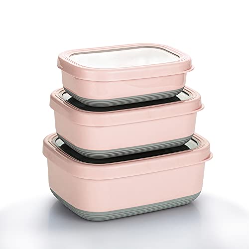 Lille Home Leak Proof Stainless Steel Lunch Snack Containers Set - Ideal for Educational Settings and Daycare - Nesting Trio with Silicone Lids - 47oz+30oz+16oz - Pink - color: Pink