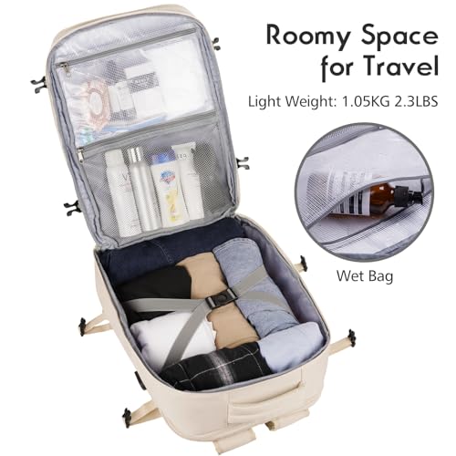 MOMUVO Large Travel Backpack Women, Flight Approved Carry On Backpack, Water Resistant Anti-Theft Large Casual Daypack Fit 17 Inch Laptop with USB Charging Port, Beige - color: Beige, size: 17.3 inch