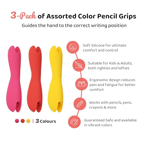 3 Pack Silicone Pencil Grips for Kids & Adults, Ergonomic Dual-Head Design for Handwriting, Drawing & Coloring, Improves Grip Control, Pink/Red/Yellow - color: Pink,red,yellow