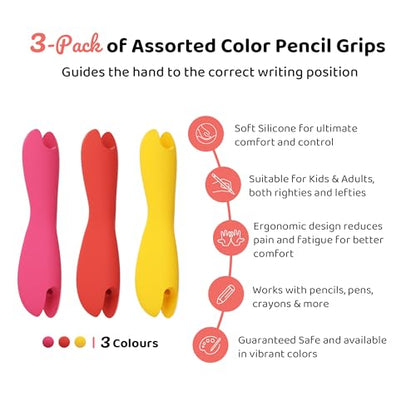 3 Pack Silicone Pencil Grips for Kids & Adults, Ergonomic Dual-Head Design for Handwriting, Drawing & Coloring, Improves Grip Control, Pink/Red/Yellow - color: Pink,red,yellow