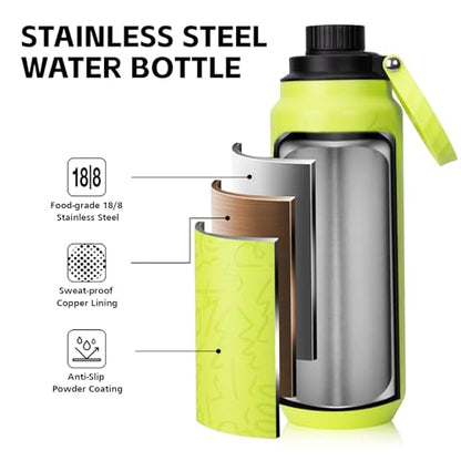 GREYLOCK 32 oz Insulated Water Bottle with Straw Lid, Leakproof Reusable Stainless Steel Vacuum Flask, 24hr Cold & Hot, Carry Handle & Silicone Spout, BPA-Free for Gym, Hiking, Travel,Green - color: Lemon Grove, size: 32 Ounces