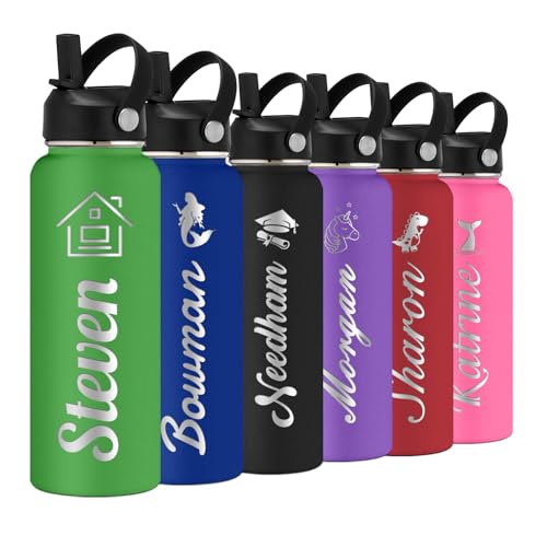 Personalized Water Bottle with Straw Lid for School,Custom Engraved Insulated Stainless Steel Sports Water Bottle with Name for Girls Boys Women Men(24oz/32oz/40oz,12 Colors) - color: Green, style: Cartoon