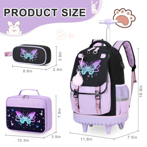 Bevalsa Rolling Backpack for Girls, 3PCS Roller School Backpack Set | with Lunch Box & Pencil Case, Kids Bookbag with Wheels for Teen Girls Elementary Middle High School Students - color: Purple Butterfly