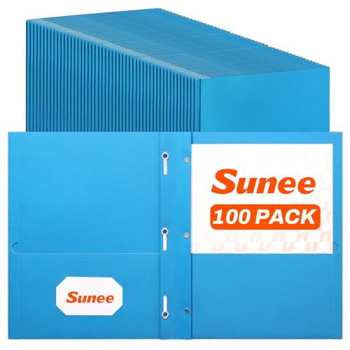 SUNEE 2 Pocket Folders with Prongs (100 Pack, Blue), Paper Folders with 2 Pockets Fit Letter Size Paper, File Folder for School Office Home Business - color: Blue