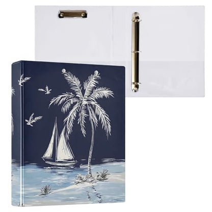Hawaiian Palm Tree on Navy Blue 3 Ring Binders 1.5 Inch, PVC-Free Clear View Binders Hold 200 Sheets Open D Rings 2 Inner Pockets Clipboard Use, 1 Pack