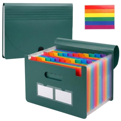 13 Pockets Accordion File Organizer, Portable Expanding File Folder with Cover Labels Green Desktop Document Holder Letter A4 Paper Bill Receipt Storage for Student Teacher Office Home School Supplies - color: Green, size: 13 Pocket