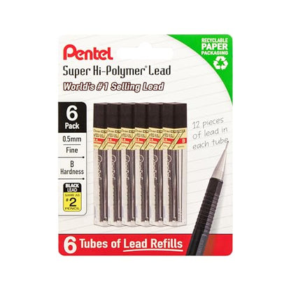 Pentel Super Hi-Polymer Lead Refills, 0.5 mm, B, 72 Pieces (12 pcs per tube, 6 tubes) - style: B