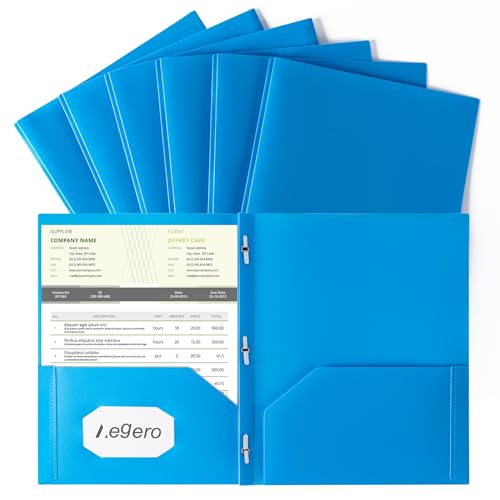 Aegero Folders with Pockets and Prong with Fasteners (6 Pack,Blue),Durable Plastic Pocket Folders with Prongs,Tear Resistant,2 Pocket 3 Prong Folders for Schoolwork & Office,Letter Size - color: Blue, size: 1 Set（6pack）