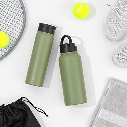 JoyJolt Triple Insulated Water Bottle with Straw Lid AND Flip Lid! 22oz Water Bottle, 12 Hour Hot/Cold Vacuum Insulated Stainless Steel Water Bottle. BPA-Free Leakproof Water Bottles - Thermos Bottle - color: Forest Green, size: 22 Ounces