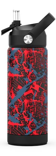 Boys Water Bottle with Straw,18 oz Kids Insulated Cups with Stainless Steel Leak Proof for School,Sport&Travel（Geometry-Red） - color: A17.Geometry-Red