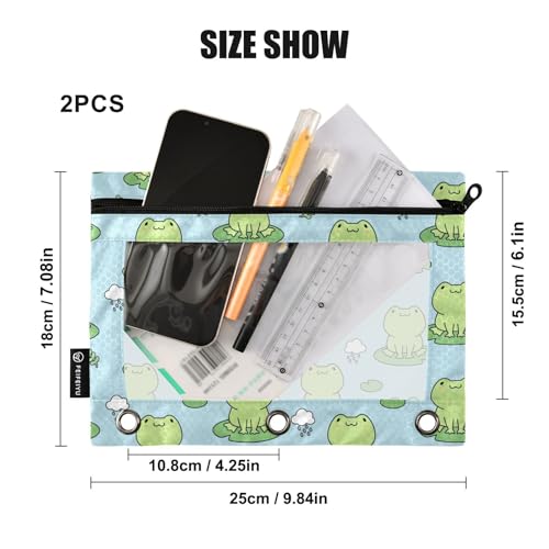 ZAZYXTJ Frogs Binder Pencil Pouchs 3 Ring with Zipper Clear Window Office Organizers bag for School Students Teacher Supplies 2 Pack - color: Frogs
