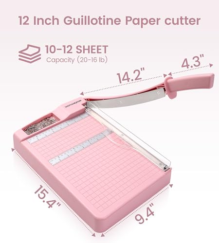 Paper Trimmer, 12" Cutting Length Heavy Duty Paper Cutter with Safety Protection and Blade Lock, Paper Cutter 12 Sheets, Cardstock/Laminate - color: Pink