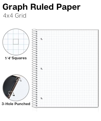 Dunwell Graph Paper Notebook 8.5 x 11, Plastic Cover, 80 Sheets, 4x4 Ruled, 1 Subject Spiral 1/4 Inch Grid Graphing Notebook, Divider with Pockets, Perforated Pages, 3-Hole Punched - size: 8.5x11", style: Graph Ruled