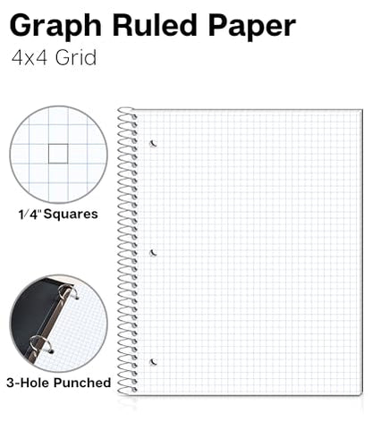 Dunwell Graph Paper Notebook 8.5 x 11, Plastic Cover, 80 Sheets, 4x4 Ruled, 1 Subject Spiral 1/4 Inch Grid Graphing Notebook, Divider with Pockets, Perforated Pages, 3-Hole Punched - size: 8.5x11", style: Graph Ruled