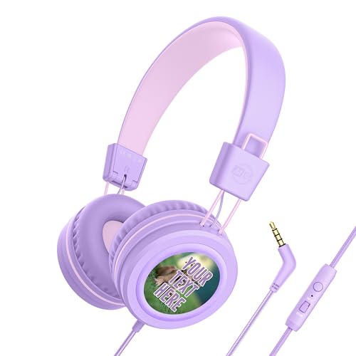 MEE audio KidJamz KJ55 Personalized Wired Headphones for Kids with Custom Full Color Photo Print, 3.5mm Plug Headset, Volume Limiter, & Microphone, Printed Graphics for School, Gift, Travel (Lavender) - color: Lavender, style: Customized