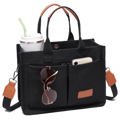 ZHMO Canvas Tote Bag for Women,Women's Bags Crossbody Bags Work Laptop Tote Bag Large Handbags Purse for Travel Nurse Teacher - color: Canvs Demure Black With Compartments