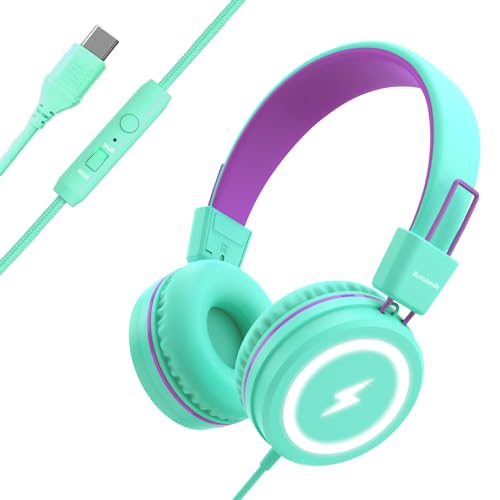 Bywulanda Kids Headphones with LED Lights for School, Upgrade USB Type C Kid Headphone with Microphone, Volume Limiter 85/94dB, Wired On Ear Headphones for Boys/Girls/Tablet/Travel -Green - color: Mint Green