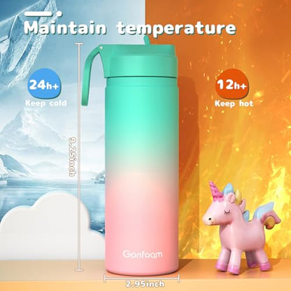 Gonfoam 20oz Kids Stainless Steel Insulated Water Bottle, 2 Pack | DIY Stickers, BPA-free, Leak-proof, Sturdy, Keeps Cold 24h, Easy to Carry, Easy to Clean, Back to School, Gifts - color: Purple+Green, size: 20 Ounces