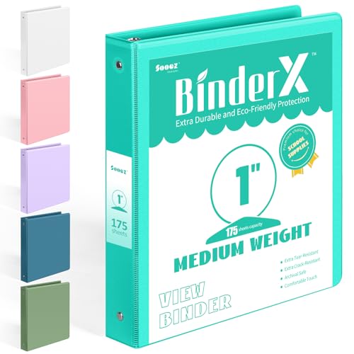 BinderX Extra Durable 3 Ring Binder, Round Rings 1 Inch Binder, Fits 175 Sheets of 8.5x11 Paper, Customizable View Cover with Inside Pockets, Cute 1" Binders, 1 Inch Binders 3 Ring, Aqua Blue - color: Aqua Blue, size: 1 inch