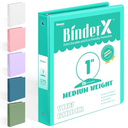 BinderX Extra Durable 3 Ring Binder, Round Rings 1 Inch Binder, Fits 175 Sheets of 8.5x11 Paper, Customizable View Cover with Inside Pockets, Cute 1" Binders, 1 Inch Binders 3 Ring, Aqua Blue - color: Aqua Blue, size: 1 inch