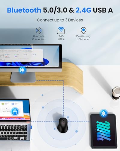 TECKNET Wireless Mouse Bluetooth 5.0/3.0 & 2.4G Rechargeable, Silent Clicks, Adjustable 4800 DPI, 6 Buttons, Ergonomic Design, Bluetooth Mouse for Laptop, Computer, ipad - color: Black