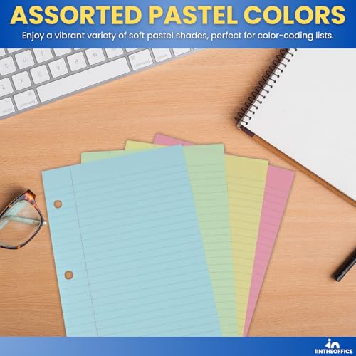 1InTheOffice 5.5 x 8.5 Paper, Pastel, College Ruled Mini Binder Paper, Loose Leaf Paper, Assorted Color, 200 Pack