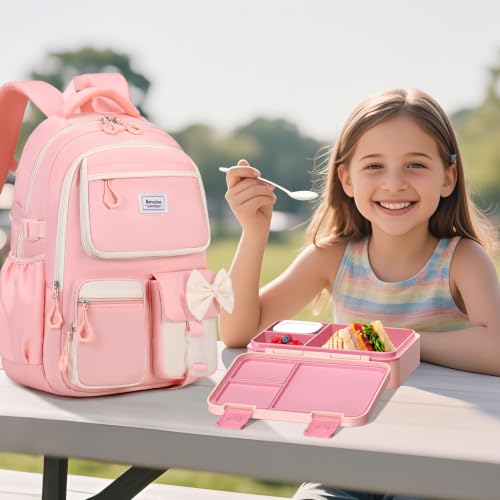 Bevalsa Backpack for Girls, Bow Bookpack with Bento Lunch Box, Insulated Bag & Utensils, 34oz Lunch Containers School Bags Set for Children Teens Kids Elementary Middle school Student (Pink) - color: Pink