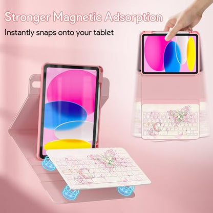 YBING Keyboard Case for iPad 10th Gen 10.9 inch(2022) & 11th Gen(A16, 2025), Painted Patterns Detachable Keypad & Rotatable Magnetic Case with Pencil Holder (Butterfly Pink) - color: Butterfly Pink