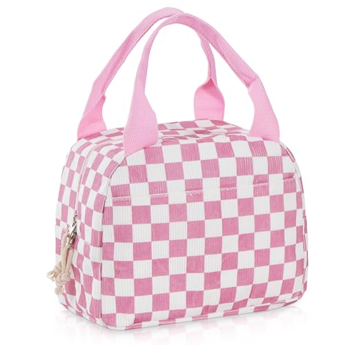 Lunch Bag for Women Checkered Insulated Lunch Box Reusable Cooler Bag Portable Cute Corduroy Leakproof Tote Bags for Travel, Work, and Picnic, Pink and White - color: Pink and White, size: M