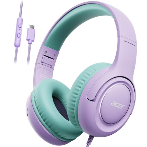 Acer USB-C Kids Headphones - 85/94dB Safe Volume Limited, Foldable Wired Over Ear Headphones for Travel, Toddler Headphones for School, Travel, iPad, Tablet, Purple Green, HK03C - color: USB-C Green-Purple
