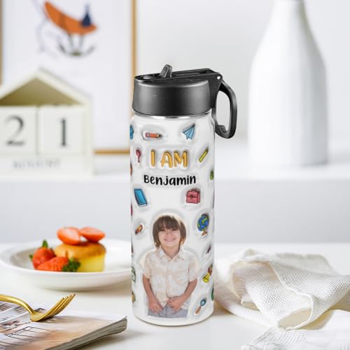 Personalized Kids Water Bottle with Photo, Custom Stainless Steel Insulated Sport Water Bottle for School, Back to School Gifts for Boy Girl, Insulated Tumbler with Straw Lid Handle, 18 OZ - color: # design 02 pic