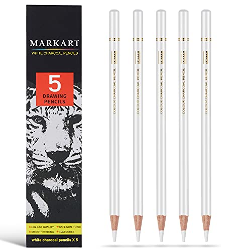 MARKART Professional White Charcoal Pencils Set, 5 Pieces | Sketch Highlight Charcoal Pencils for Drawing, Sketching, Shading, Blending, White Chalk Pencils for Beginners & Artists - color: White