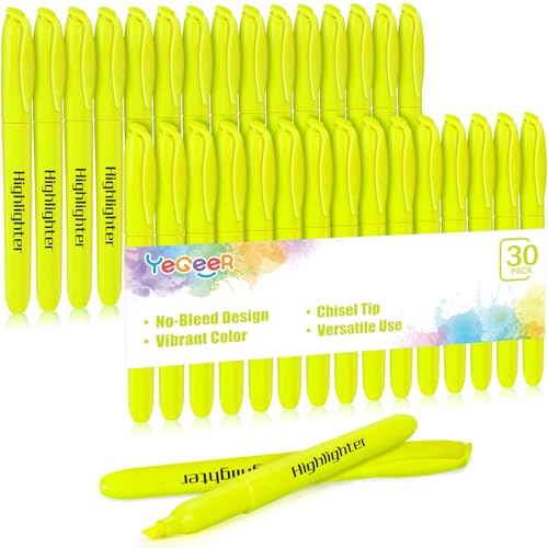 YEGEER 30 Pack Yellow Highlighters Bulk, Quick Dry No Bleed Chisel Tip Markers for School Classroom Office Supplies, Teachers Students Adults Kids - color: Yellow