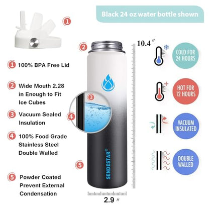 SENDESTAR Stainless Steel Wide Mouth Water Bottle 24oz Double Wall Vacuum Insulated Leak Proof Bottle with New Flex Straw Lid & Spout Lid - color: Day&Night-A, size: 24 Ounces
