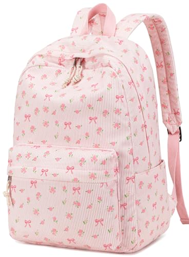 BTOOP School Backpack for Girls Teens Large Corduroy Bookbag Lightweight Casual High School College Backpacks 17 inch Laptop Travel Bag (Pink Bow Floral-1) - color: Pink Bow Floral-1