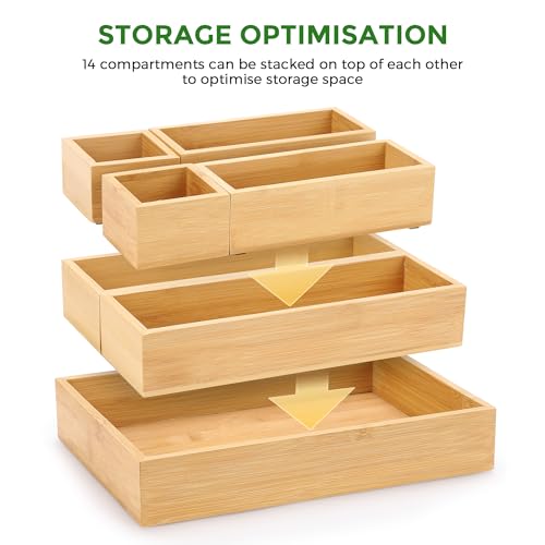 MapleGrace Bamboo Drawer Organizer Set, 14 PCS Wood Storage Organizers | Multi-Use Junk Drawer Divider, Storage Trays Containers for Kitchen, Bathroom, Office Desk, Makeup, Jewelry, Utensils - size: 14