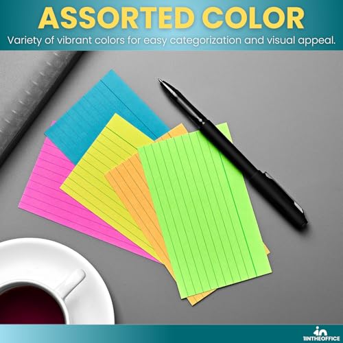 1InTheOffice Ruled Neon Index Cards, Index Cards 3x5 Assorted Neon Color, 300/Pack