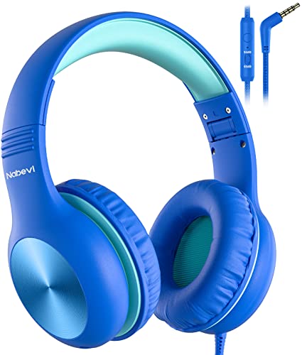 Nabevi Kids Headphones with Cord, Over-Ear Headphones for Kids with Microphone, 85/94dB Volume Limit, Headset for Kid Boys Girls with Shareport, Wired Toddler Headphone for School/Tablet/iPad/Travel - color: Blue